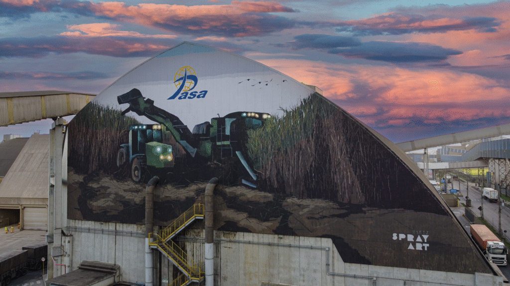 Armazém graneleiro da PASA no Porto de Paranaguá, com mural de colheita de cana-de-açúcar