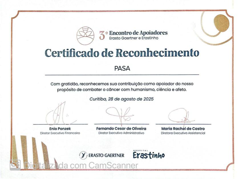 Certificado de reconhecimento do Erasto Gaertner e Erastinho à PASA