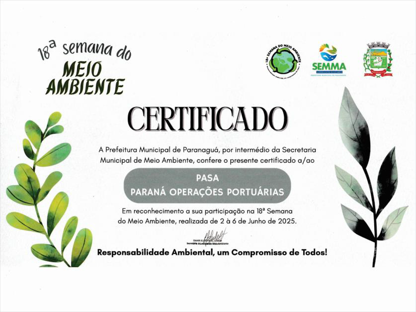 Certificado da 18ª Semana do Meio Ambiente concedido à PASA pela Prefeitura de Paranaguá