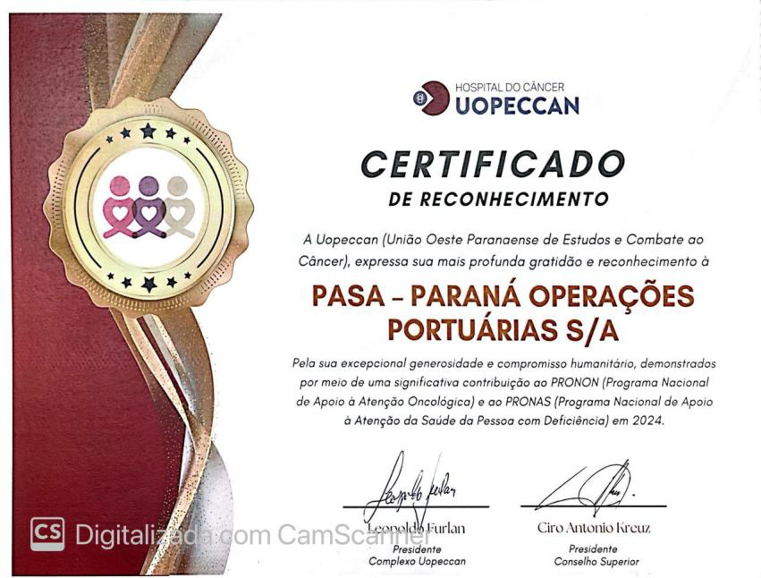 Certificado de reconhecimento do Hospital do Câncer UOPECCAN à PASA